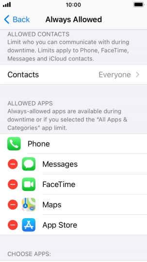 Press the remove icon next to the required app to remove it from the list of allowed apps during Downtime.