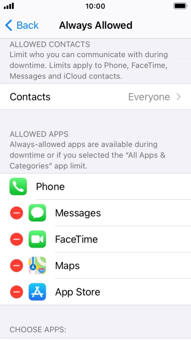 Press the remove icon next to the required app to remove it from the list of allowed apps during Downtime.