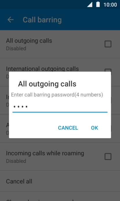 Key in your barring password and press OK. The default barring password is 0000.