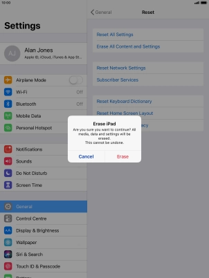 Press Erase. Wait a moment while the factory default settings are restored. Follow the instructions on the screen to set up your tablet and prepare it for use. Press Erase. Wait a moment while the factory default settings are restored. Follow the instructions on the screen to set up your tablet and prepare it for use.