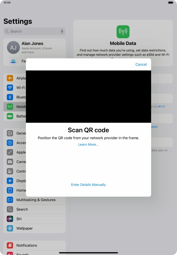 Place the QR code you've received inside the tablet camera frame to scan the code.
