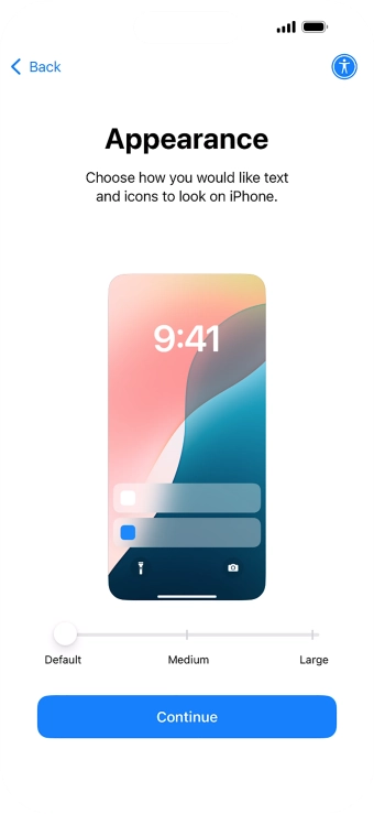 Select the required text and icon size on your phone and press Continue.