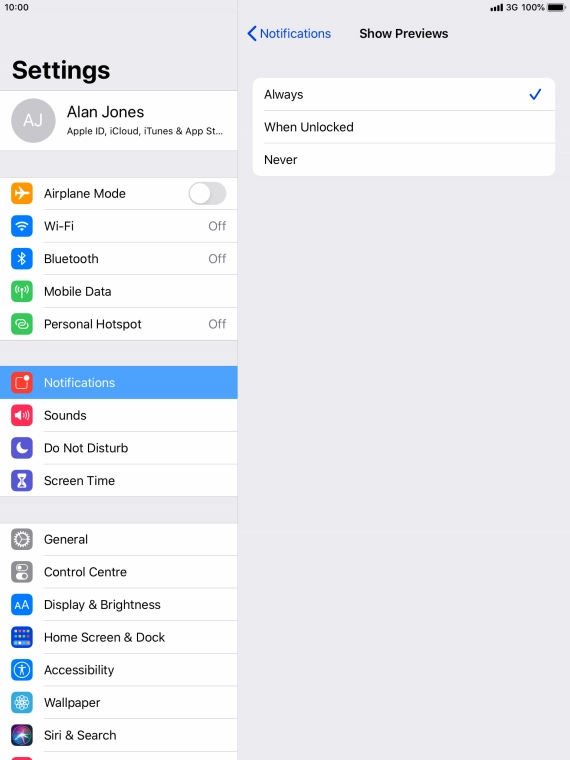 To select notification preview on the lock screen, press Always.