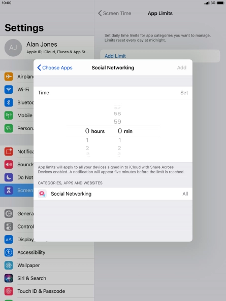 Set the required time limit for use of the selected category.