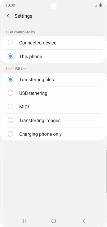 Press Transferring files to turn on the function. Press Transferring files to turn on the function.