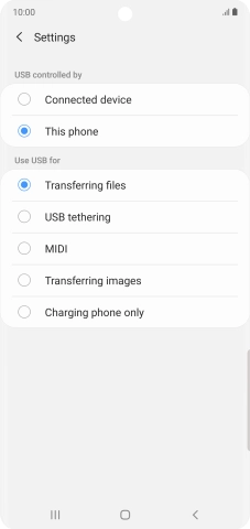 Press Transferring files to turn on the function. Press Transferring files to turn on the function.