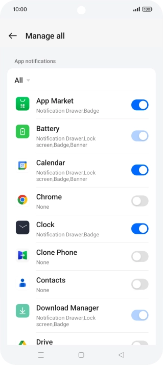 Press the indicators next to the required apps to turn the function on or off.