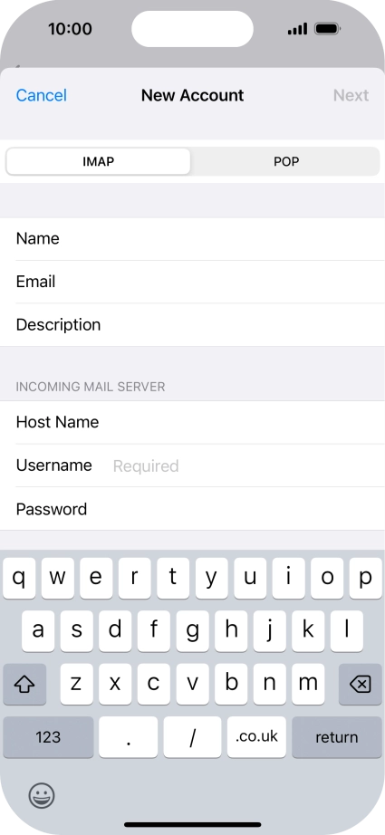 Press Username and key in the username for your email account.