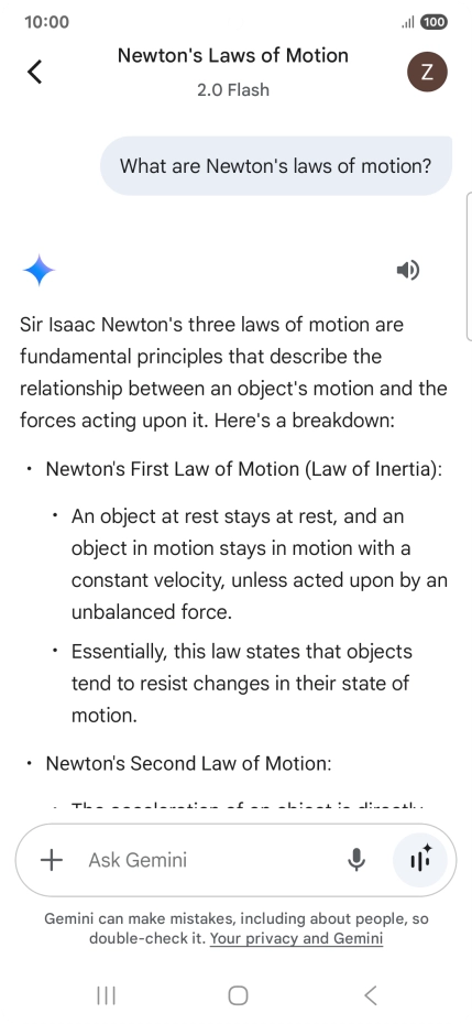 Transcription of the conversation with Gemini Live is now displayed.