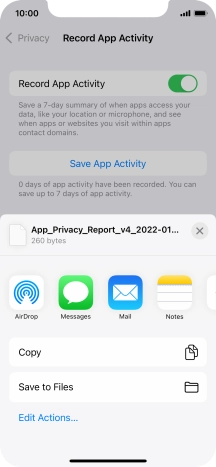 Press the required setting and follow the instructions on the screen to share or save the app activity report.