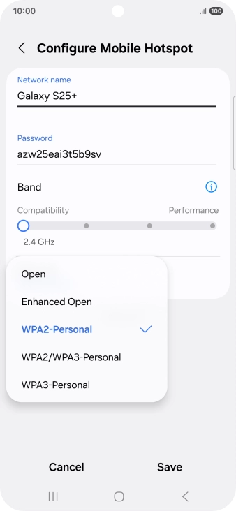 Press WPA3-Personal to password protect your Wi-Fi hotspot. Press WPA3-Personal to password protect your Wi-Fi hotspot.