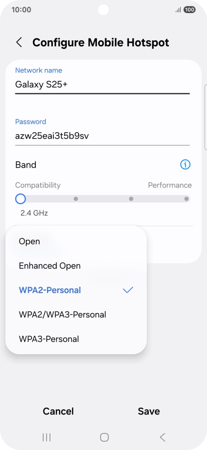 Press WPA3-Personal to password protect your Wi-Fi hotspot. Press WPA3-Personal to password protect your Wi-Fi hotspot.