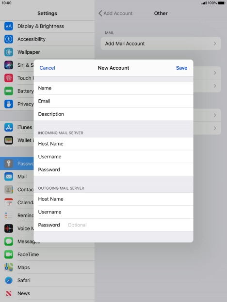 Press Password and key in the password for your email account. Please note that if you're using Vodafone's outgoing server, leave the password field empty.