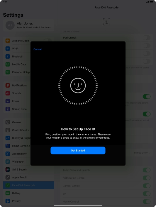 Press Get Started and follow the instructions on the screen to set up Face ID.
