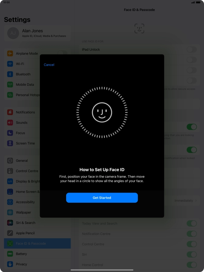 Press Get Started and follow the instructions on the screen to set up Face ID.