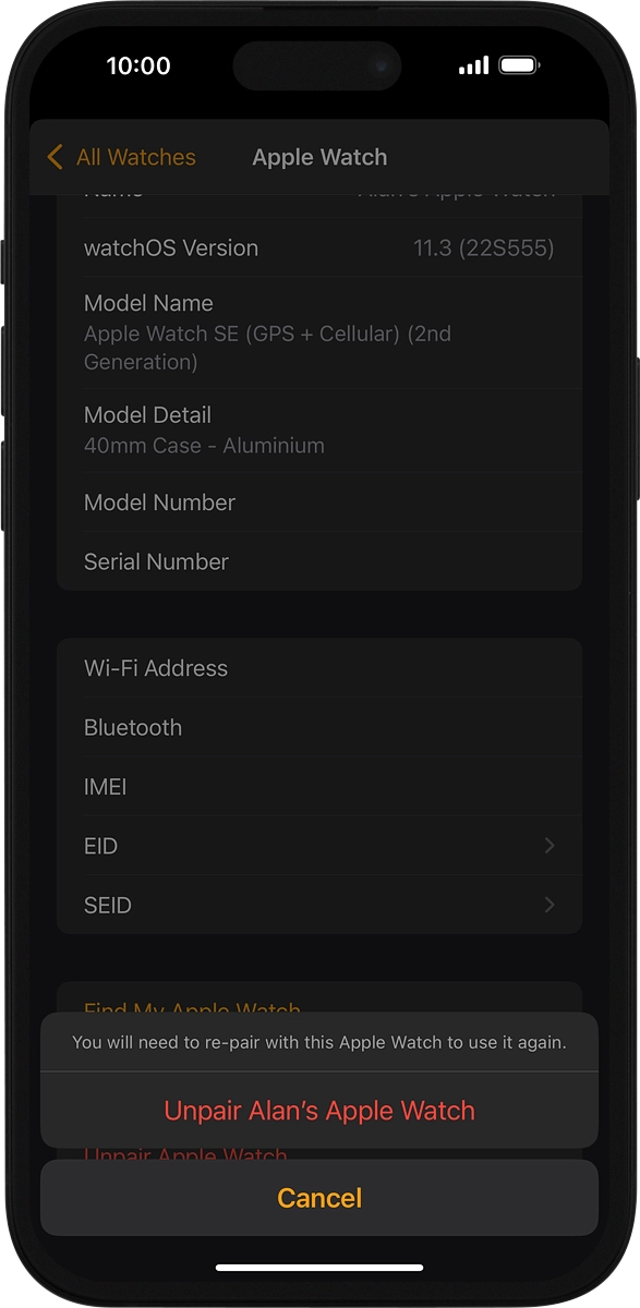 On your phone: Press Unpair Apple Watch and follow the instructions on the screen to unpair your Apple Watch and your phone. When prompted, key in the password for your Apple ID.