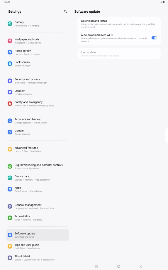 Press Download and install. If a new software version is available, it's displayed. Follow the instructions on the screen to update the tablet software.