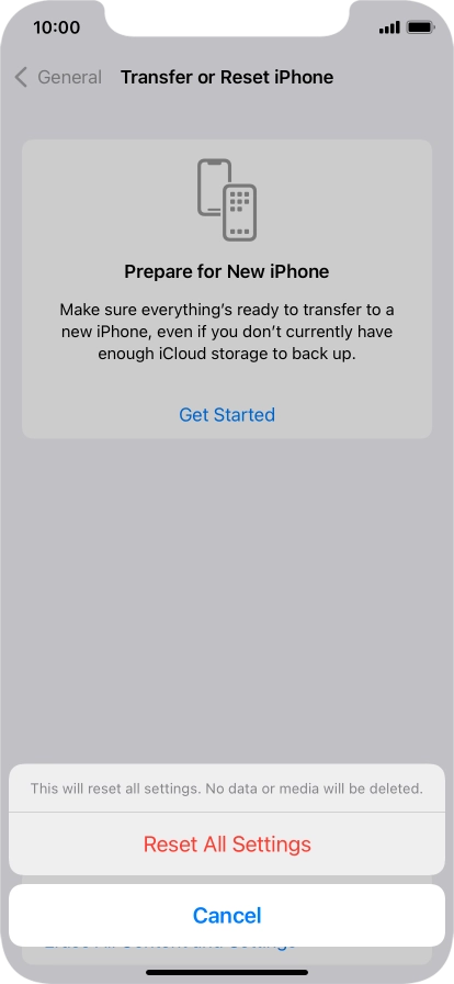 Press Reset All Settings. Wait a moment while the factory default settings are restored. Follow the instructions on the screen to set up your phone and prepare it for use.