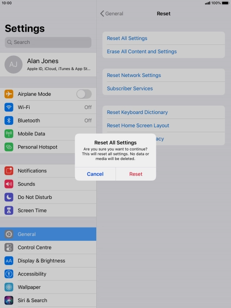 Press Reset. Wait a moment while the factory default settings are restored. Follow the instructions on the screen to set up your tablet and prepare it for use.