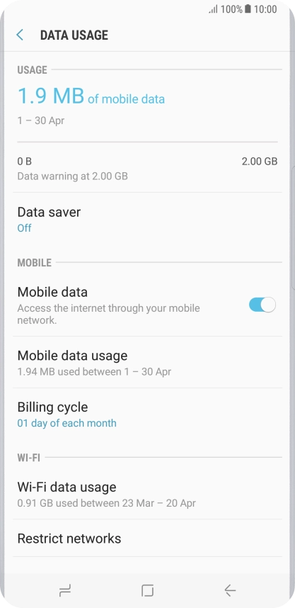 The total data usage is displayed. The total data usage is displayed.