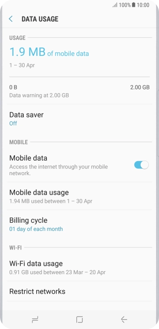 The total data usage is displayed. The total data usage is displayed.