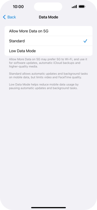 Press the required setting.