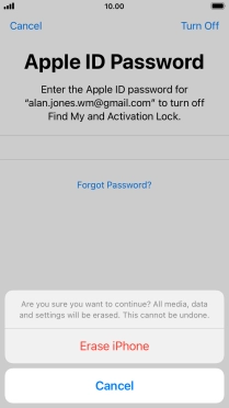 Key in the password for your Apple ID and press Erase iPhone. Wait a moment while the factory default settings are restored. Follow the instructions on the screen to set up your phone and prepare it for use.