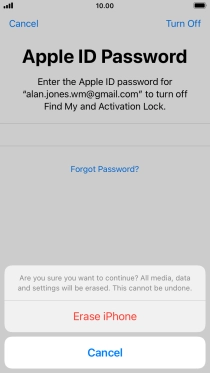 Key in the password for your Apple ID and press Erase iPhone. Wait a moment while the factory default settings are restored. Follow the instructions on the screen to set up your phone and prepare it for use.