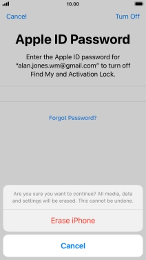 Key in the password for your Apple ID and press Erase iPhone. Wait a moment while the factory default settings are restored. Follow the instructions on the screen to set up your phone and prepare it for use.