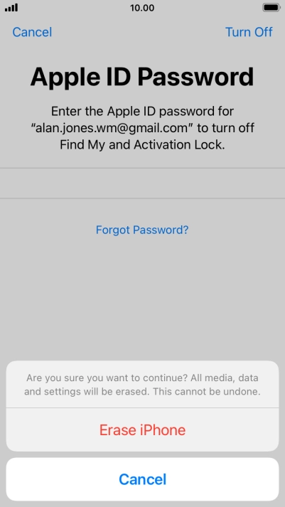 Key in the password for your Apple ID and press Erase iPhone. Wait a moment while the factory default settings are restored. Follow the instructions on the screen to set up your phone and prepare it for use.