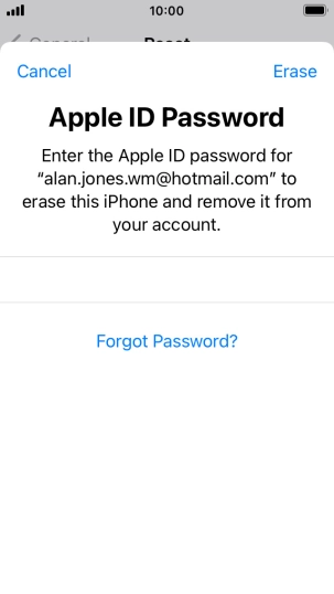 Key in the password for your Apple ID and press Erase. Wait a moment while the factory default settings are restored. Follow the instructions on the screen to set up your phone and prepare it for use.