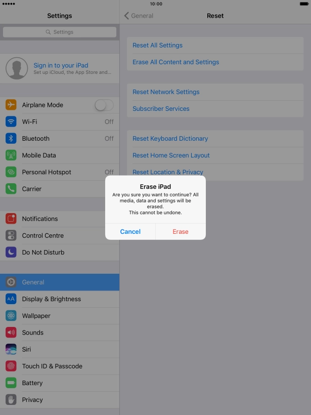 Press Erase. Wait a moment while the factory default settings are restored. 
Follow the instructions on the screen to set up your tablet and prepare it for use.