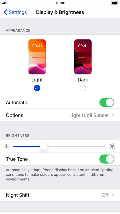 If you turn on the function, press Options and follow the instructions on the screen to select the required period of time for Dark Mode.