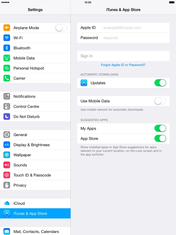 Press Apple ID and key in the username for your Apple ID.
