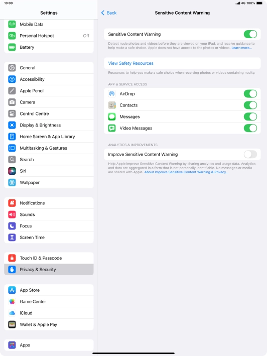 Press the indicators next to the required applications to turn the function on or off.