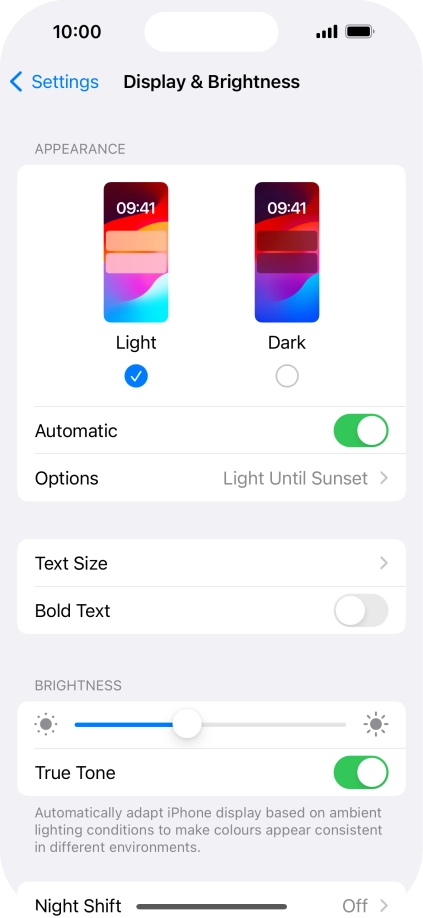 If you turn on the function, press Options and follow the instructions on the screen to select the required period of time for Dark Mode.