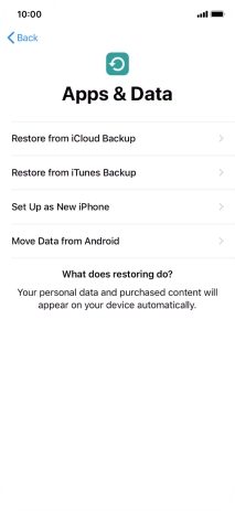 You can restore content from an iCloud backup when your phone is activated for the first time and after a factory reset. When this screen is displayed, your phone is ready to restore content from an iCloud backup.