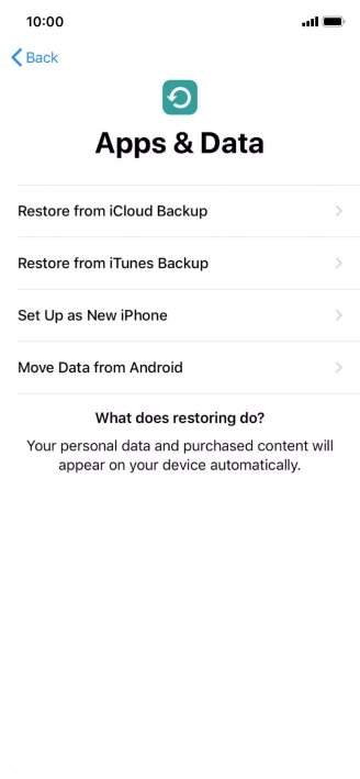 You can restore content from an iCloud backup when your phone is activated for the first time and after a factory reset. When this screen is displayed, your phone is ready to restore content from an iCloud backup.
