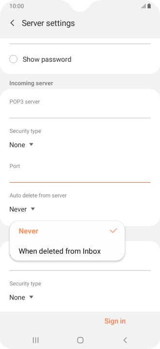 Press Never to keep email messages on the server when you delete them on your phone.