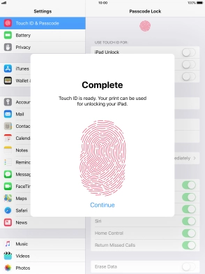Press Continue. If you haven't previously selected a lock code, key in a code of your own choice twice.
