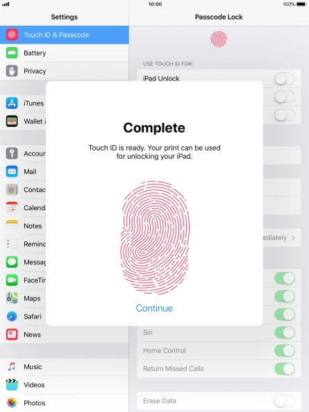 Press Continue. If you haven't previously selected a lock code, key in a code of your own choice twice.