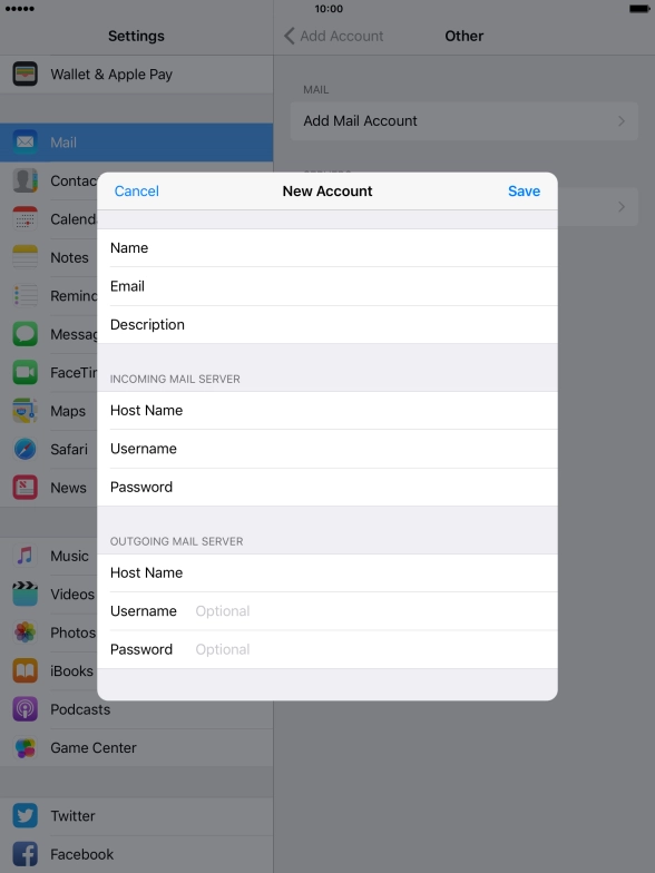 Press Username and key in the username for your email account. Please note that if you're using Vodafone's outgoing server, you have to leave the username and password fields empty.