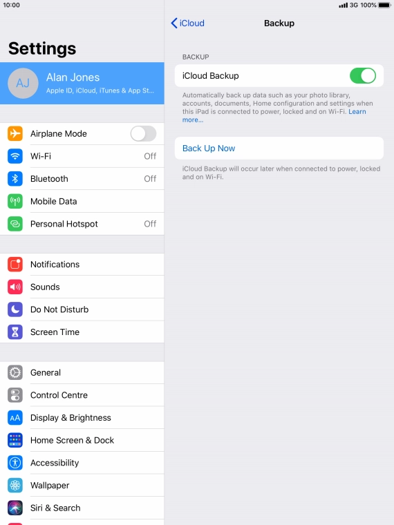 Press Back Up Now and wait while the tablet memory is backed up.