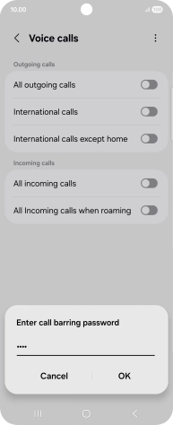 Key in your barring password and press OK. The default barring password is 0000.