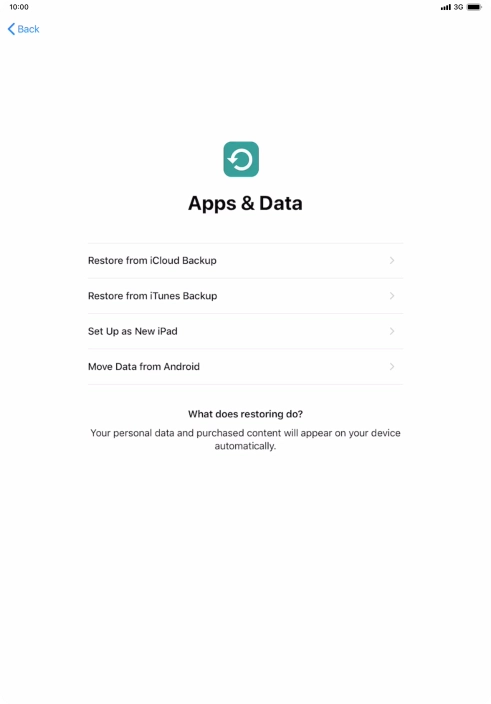You can restore content from an iCloud backup when your tablet is activated for the first time and after a factory reset. When this screen is displayed, your tablet is ready to restore content from an iCloud backup.