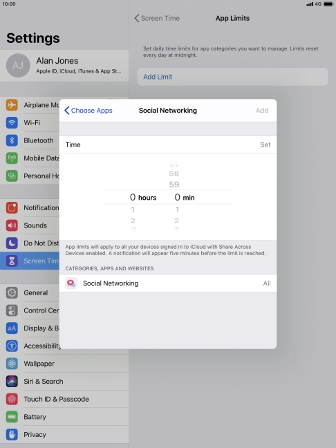 Set the required time limit for use of the selected category.