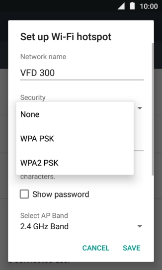 Press WPA2 PSK to password protect your Wi-Fi hotspot.