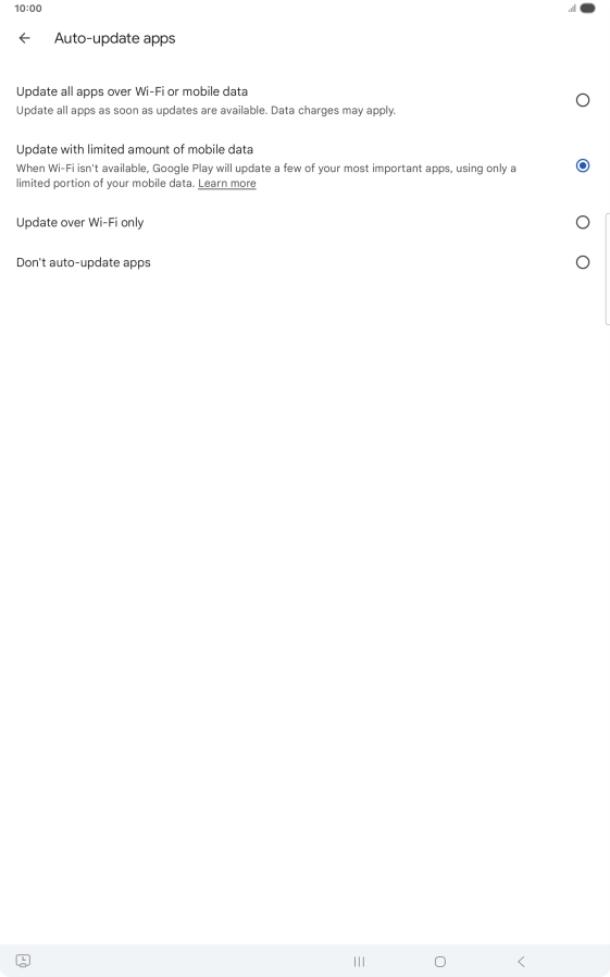 To turn on automatic update of apps using mobile network, press Update all apps over Wi-Fi or mobile data.