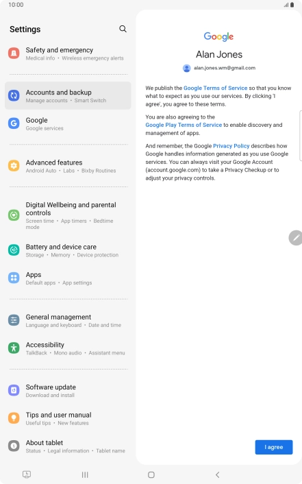 Press I agree and follow the instructions on the screen to select settings for your Google account.