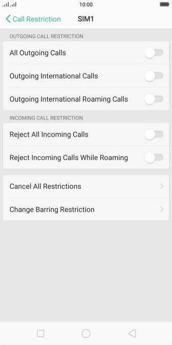 Press the indicator next to the required barring type to turn the function on or off.